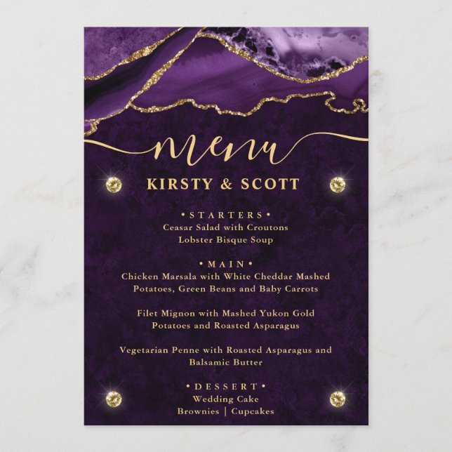 Menú Boda de Ágata con Brillo Falso Púrpura y Dorado (Anverso)