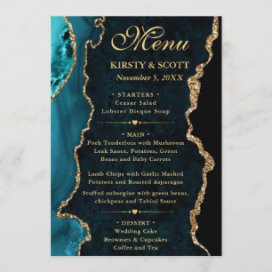 Menú Boda de Ágata con Brillo Falso Teal y Dorado