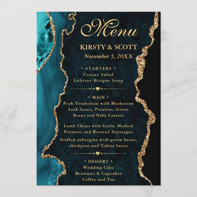 Menú Boda de Ágata con Brillo Falso Teal y Dorado (Anverso)