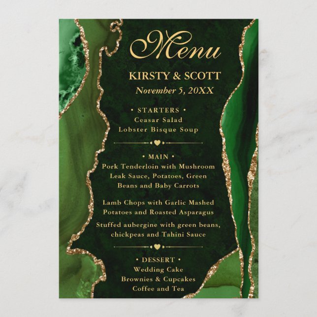Menú Boda de Agata Falsa Brillante Verde y Dorado Elega (Anverso)