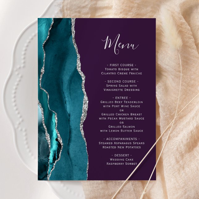 Menú Boda de Agata Plateada Azul Teal Púrpura (Subido por el creador)