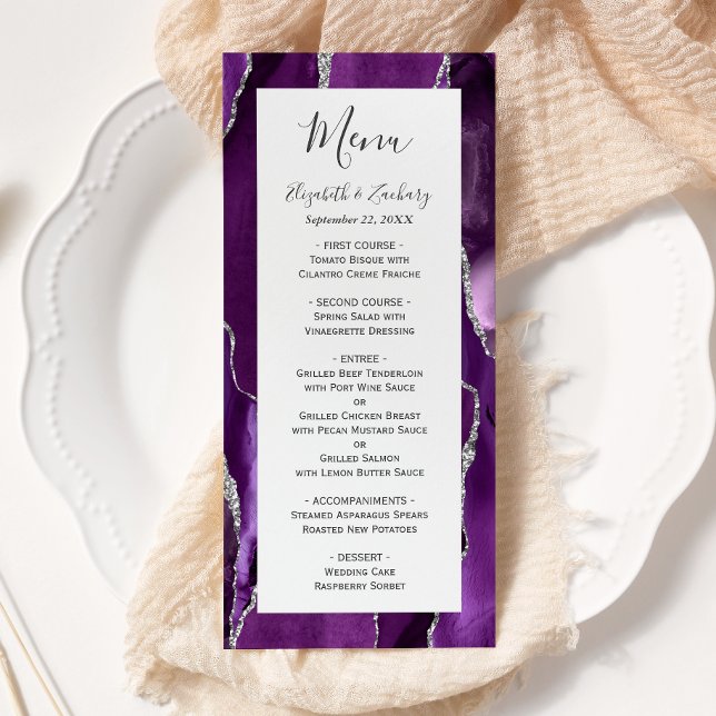 Menú Boda de Ágata Plateada Púrpura Moderna (Subido por el creador)