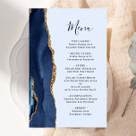 Menú Boda de Agate de Oro Azul de la Marina de Pre<br><div class="desc">En el lado izquierdo de este elegante y moderno menú boda se encuentra una pasarela de color azul marino bordeada por un falso purpurina de oro. El texto del personalizable combina guiones de escritura a mano azul marino y fuentes de copperplate en un fondo azul pastel claro. El reverso presenta...</div>
