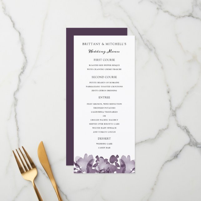 Menú Boda de Ametismo Floral de acuarela (Anverso/Reverso In Situ)