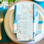 Menú Boda de Aqua Ocean & Shells<br><div class="desc">Sumérjase en el encanto del amor con nuestra cautivadora suite boda subacuática. Contra un impresionante fondo turquesa de agua pálida que evoca la serenidad del mar, una textura submarina añade profundidad y dimensión al diseño. La carta boda está adornada con una delicada selección de polvorientos caparates azules, tostados, marrones, melocotones...</div>