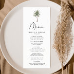 Menú Boda de árbol de palmas mínimo<br><div class="desc">Menú boda tropical con una sola palmera en la parte superior del diseño, con menú en un guión moderno de caligrafía negra. Personalice el menú boda de la palmera con sus nombres, fecha boda y menú a continuación. El menú de bodas de la playa se revierte a un fondo verde...</div>