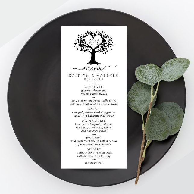 Menú Boda de árbol del corazón de monograma blanco (Subido por el creador)