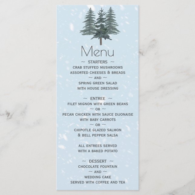 Menú Boda de árboles de pino de invierno perenne rústic (Anverso)