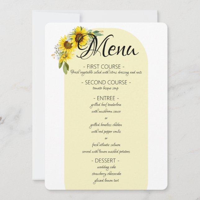 Menú boda de arco amarillo elegante girasol (Anverso)