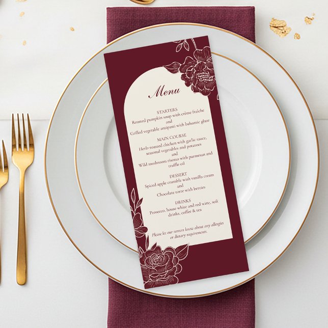 Menú Boda de Arco Floral de Marfil de Borgoña Profundo (Deep Burgundy Floral Line Art with Ivory Arch Wedding Menu)