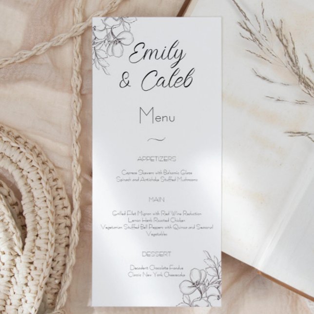 Menú Boda de arte de la línea floral blanca y negra (black and white elegant floral menu card wedding script font)