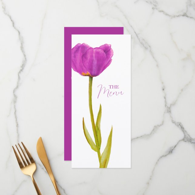 Menú Boda de arte de tulipán morado con acuarela (Anverso/Reverso In Situ)
