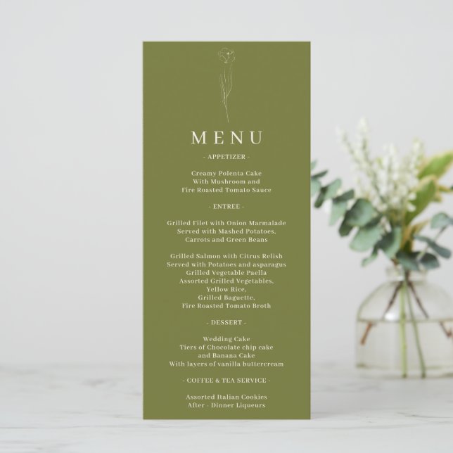 Menú Boda de arte floral verde oliva (Anverso de pie)