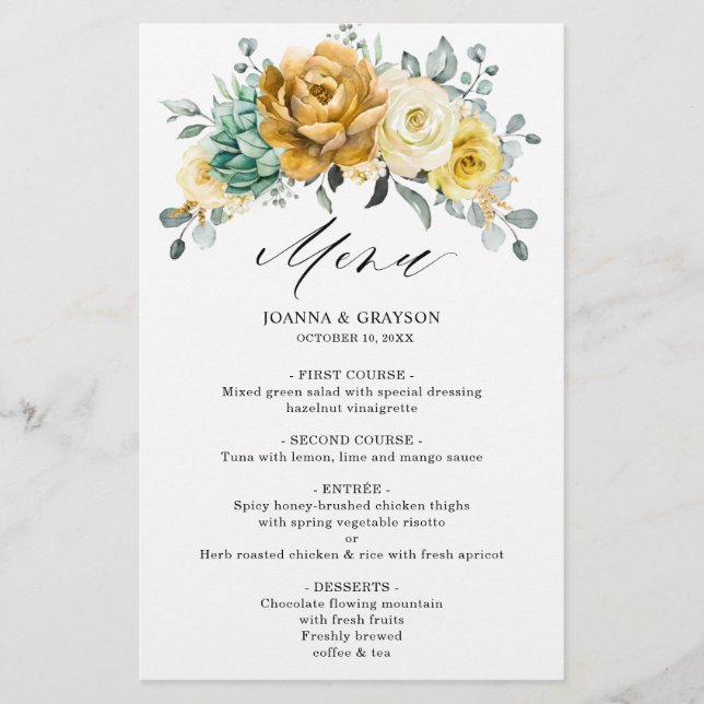 Menú Boda de arveja floral amarillo mostaza (Anverso)