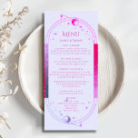 Menú Boda de Astronomía Mystical Lavender Pink Sun Moon<br><div class="desc">Las Mistical Lavender Pink Sun Moon Stars Astronomía Celestial Galaxy Cosmic Wedding Cards con sol, luna y estrellas con un marco rosa y violeta sobre un fondo de lavanda pastel y detalles de menú en el centro con un guión moderno de caligrafía rosa. Personalice editando el texto en los cuadros...</div>