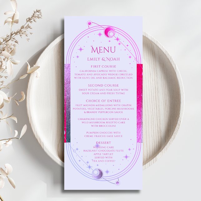 Menú Boda de Astronomía Mystical Lavender Pink Sun Moon (Subido por el creador)