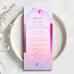 Menú Boda de Astronomía Mystical Sunset Pink Sun Moon<br><div class="desc">Mystical Sunset Pink Sun Moon Stars Astronomía Celestial Galaxy Cosmic Wedding Cards con sol rosa y morado, luna y estrellas enmarcado en un fondo de sol de playa pastel con detalles de menú en el centro en un guión moderno de caligrafía violeta. Personalice editando el texto en los cuadros de...</div>