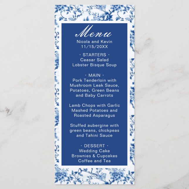 Menú Boda de Aves Azules y Flores Chinoiserie (Anverso)