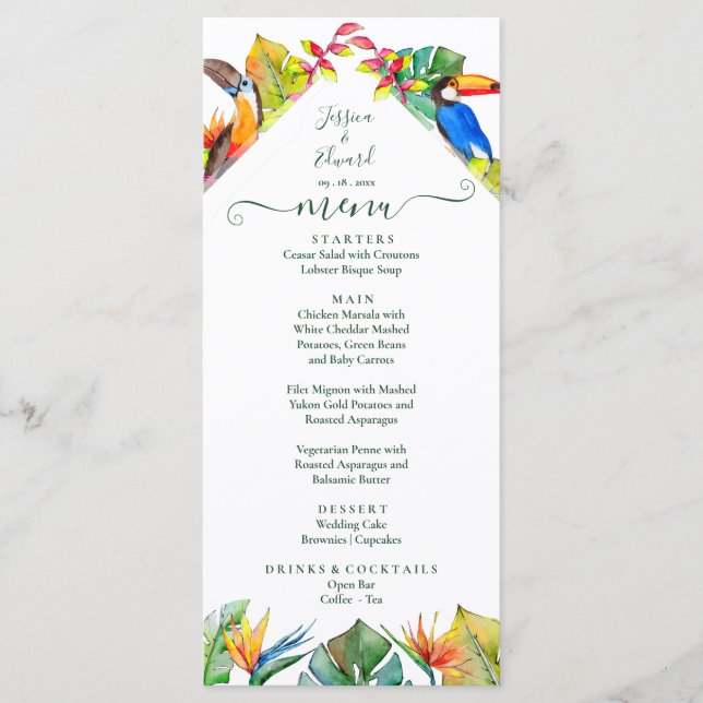 Menú Boda de Aves Florales Tropicales de Hawái (Anverso)