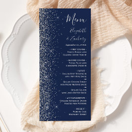 Menú Boda de azul marino moderno con borde de brillo pl