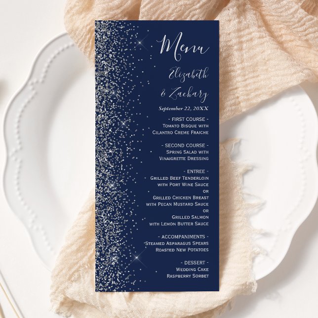 Menú Boda de azul marino moderno con borde de brillo pl (Subido por el creador)