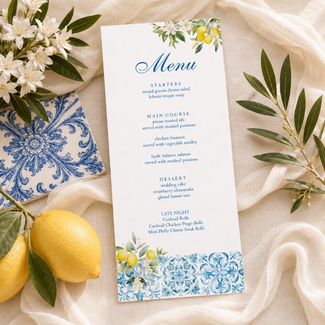 Menú Boda de Azulejo Azul Limón Mediterráneo (Mediterranean Lemon Blue Tile Wedding Menu)