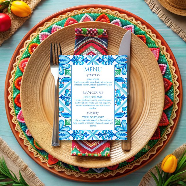 Menú boda de azulejos de Aqua Blue Talavera (Aqua Blue Talavera tiles vintage Mexican wedding menu cards personalized wedding reception decor)