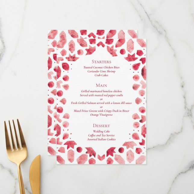 Menú Boda de azulejos geométricos rojos marroquíes (Anverso/Reverso In Situ)