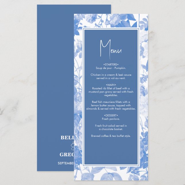 Menú Boda de Blue Watercolor Botanals Florals (Anverso / Reverso)