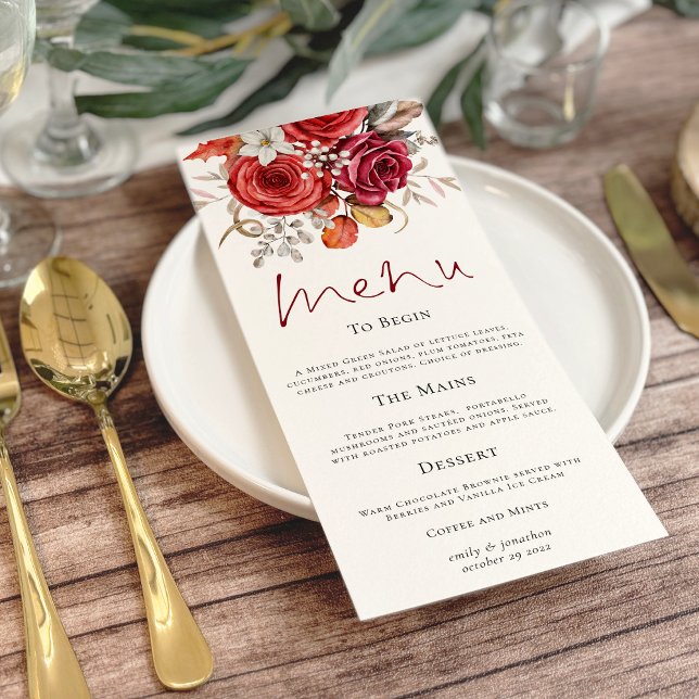 Menú Boda de Boho Autumn Red Naranja Florals (Subido por el creador)