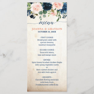 Menú Boda de Boho de Floral Rosa Rosa Azul de la Marina