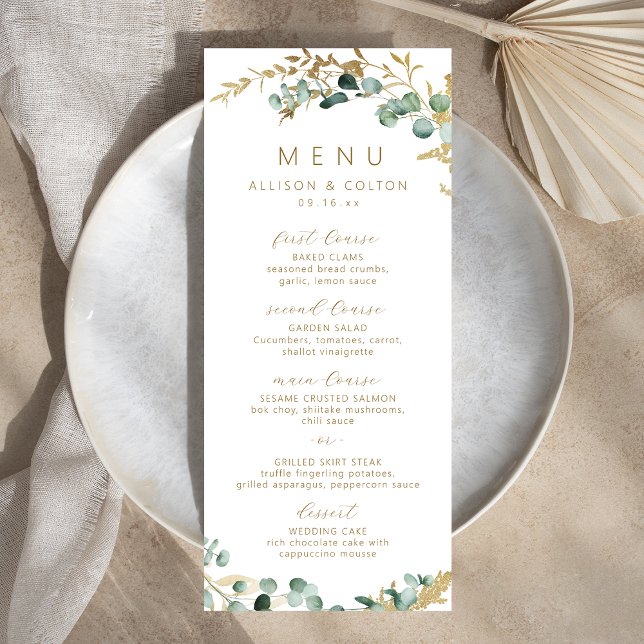 Menú Boda de boho de oro de eucalipto rústico (Rustic eucalyptus gold greenery boho wedding menu)