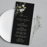 Menú Boda de Boho moderno de Flor salvaje de color negr<br><div class="desc">Este elegante menú de bodas incluye flores silvestres acuáticas pintadas a mano en amarillo mantequilla, verde salvia, verde polvoriento y azul claro con dos iniciales en la parte posterior. Para una personalización más avanzada de este diseño, haga clic en el BOTÓN HERRAMIENTA DE DISEÑO AZUL de arriba. También están disponibles...</div>
