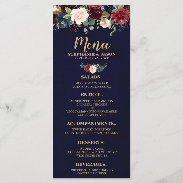 Menú Boda de Boho rústico floral de la Marina Roja (Anverso)