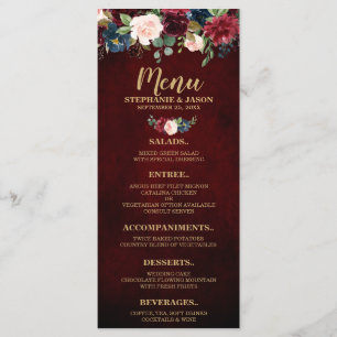 Menú Boda de Boho rústico floral de la Marina Roja