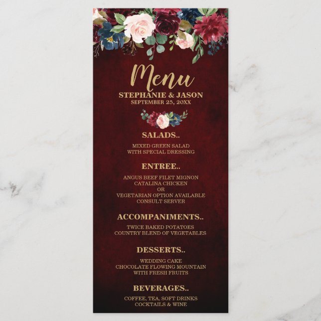 Menú Boda de Boho rústico floral de la Marina Roja (Anverso)
