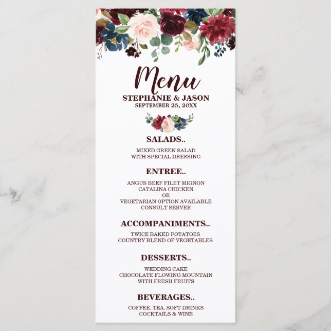 Menú Boda de Boho rústico floral de la Marina Roja (Anverso)