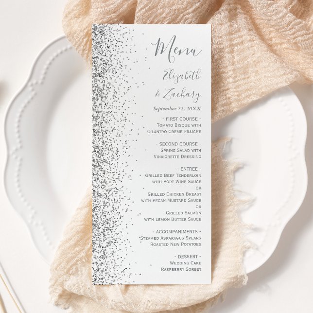 Menú Boda de borde de purpurina plateada blanca moderna (Subido por el creador)