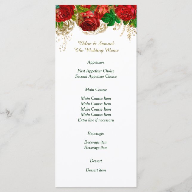 Menú Boda de borde de rosas rojas (Anverso)