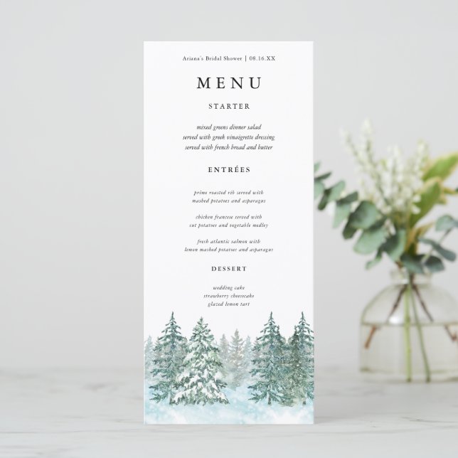 Menú Boda de bosque de pino acuarela (Anverso de pie)