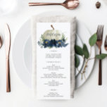 Menú Boda de calabaza azul de la Marina o Menú de<br><div class="desc">Muestra tu delicioso menú en estas preciosas cartas - ¡el tamaño perfecto para colocar en cada plato! Este diseño cuenta con un precioso guión y un hermoso ramo floral de la Marina Blue Pumpkin Fall. ¡Edite fácilmente los alimentos! Vea la colección para ver más elementos coincidentes.</div>