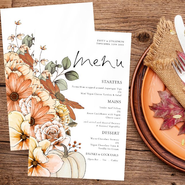 Menú Boda de calabaza de flores rusticas de otoño  (Front and back)