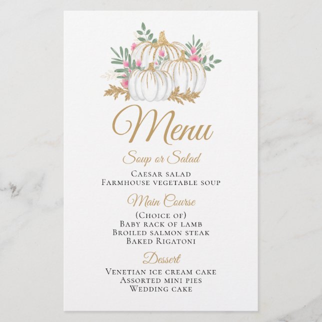 Menú Boda de calabaza dorada rosada de otoño (Anverso)