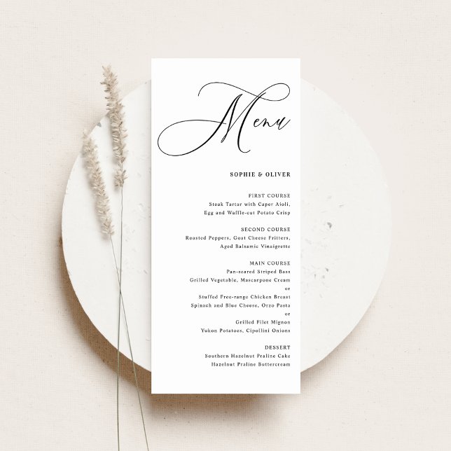 Menú Boda de Caligrafía Caprichosa Negra (Featuring the beautiful Whimsical Calligraphy Wedding Menu Card.)