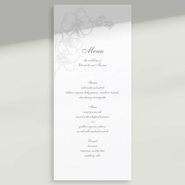 Menú Boda de caligrafía clásica de orquídea Grabado en  (formal wedding menu card faux embossed orchid floral modern classic traditional calligraphy)