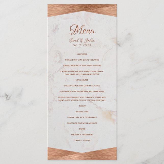 Menú Boda de caligrafía de cobre de mármol geométrico m (Anverso)