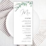 Menú Boda de caligrafía de color de agua Eucalyptus Del<br><div class="desc">Este elegante menú nupcial con texto personalizado,  eucaliptos acuarela y fondo blanco limpio sería una maravillosa adición a su fiesta. Cambie fácilmente el texto haciendo clic en la opción "personalizar esta plantilla".</div>
