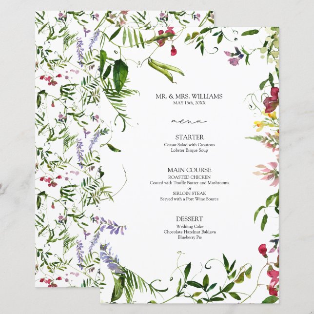 Menú Boda de caligrafía de flor silvestre de veran (Anverso / Reverso)