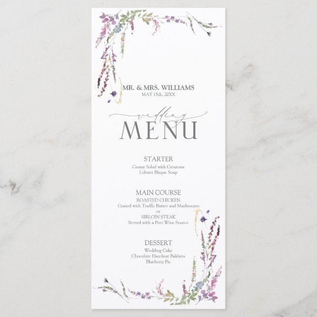 Menú Boda de caligrafía de flor violeta (Anverso)