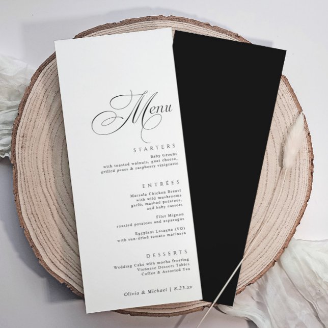 Menú Boda de Caligrafía de Lujo Elegante (Elegant calligraphy wedding menus with ornate calligraphy and black back.)